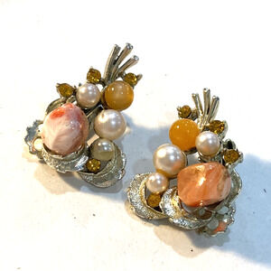Vintage clip on earrings mid century goldtone faux pearl peachy orange beads